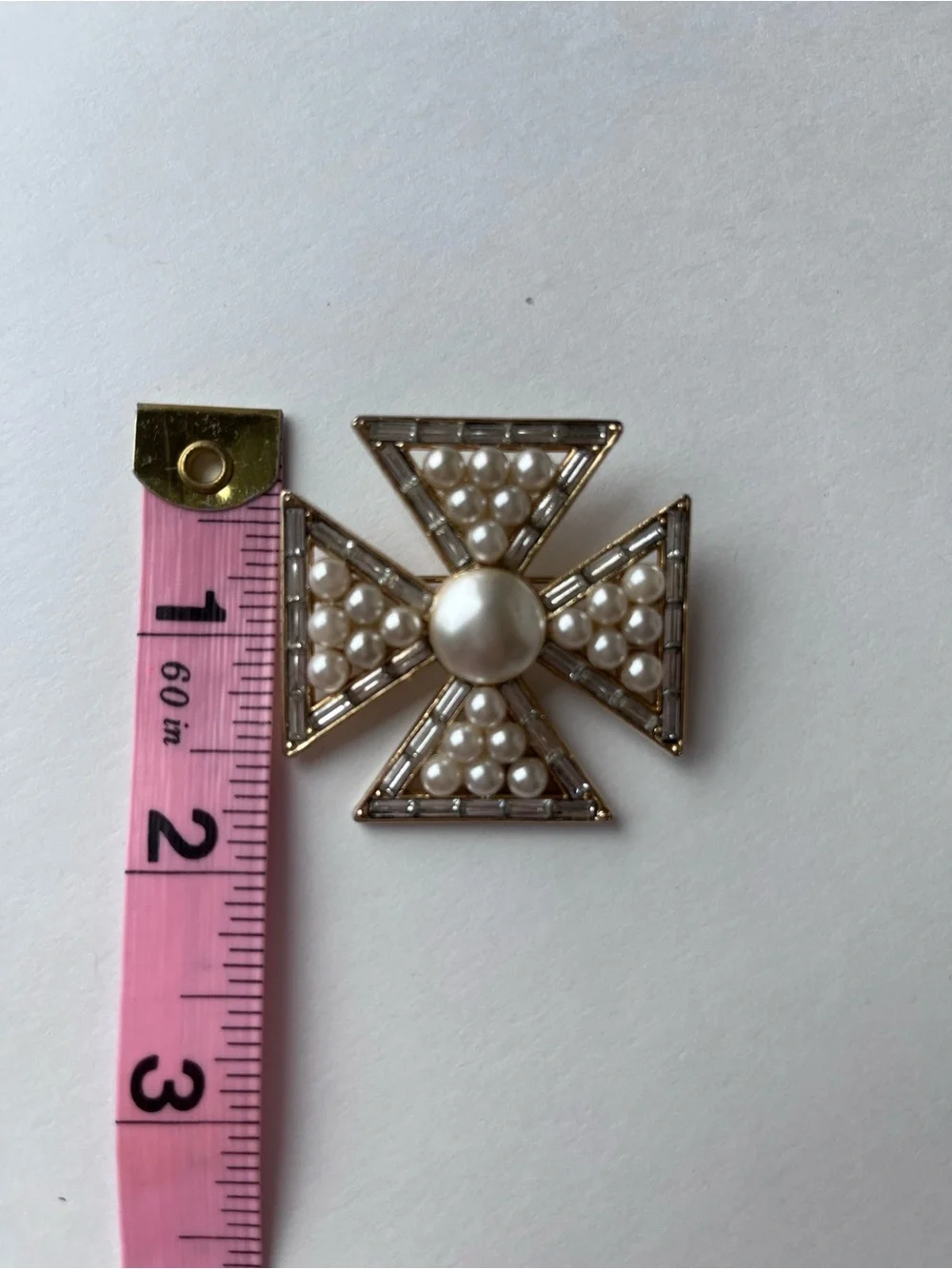 Vintage Maltese Cross Gold Tone Faux Pearl Brooch